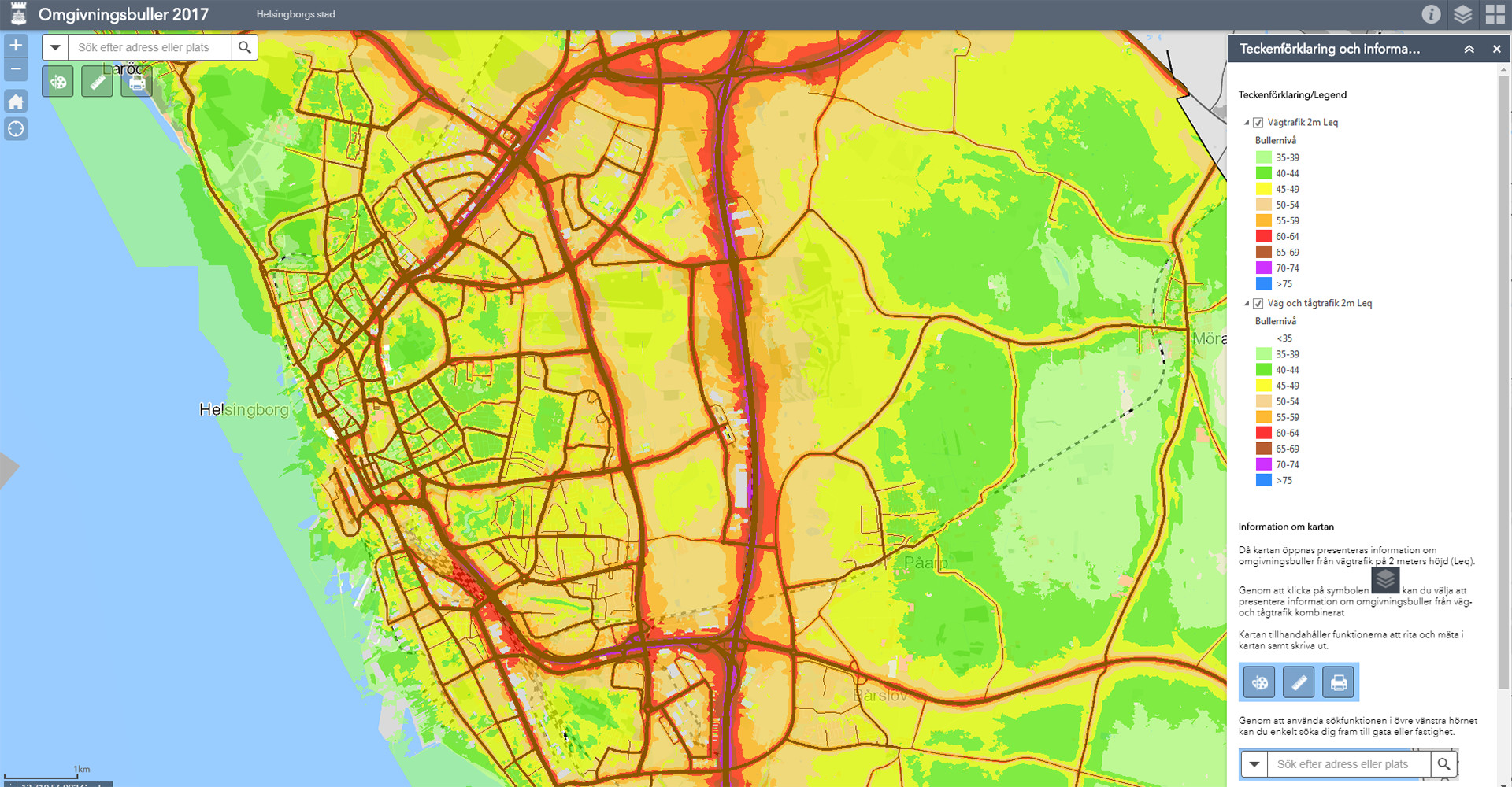 Skärmdump av karta bullerkartläggning Helsingborgs stad 2017