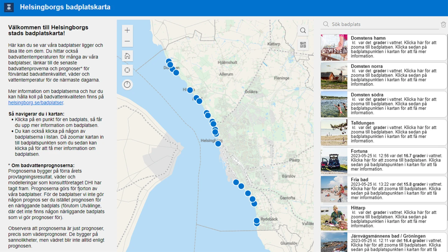 Skärmklipp av Helsingborgs badplatskarta 2023