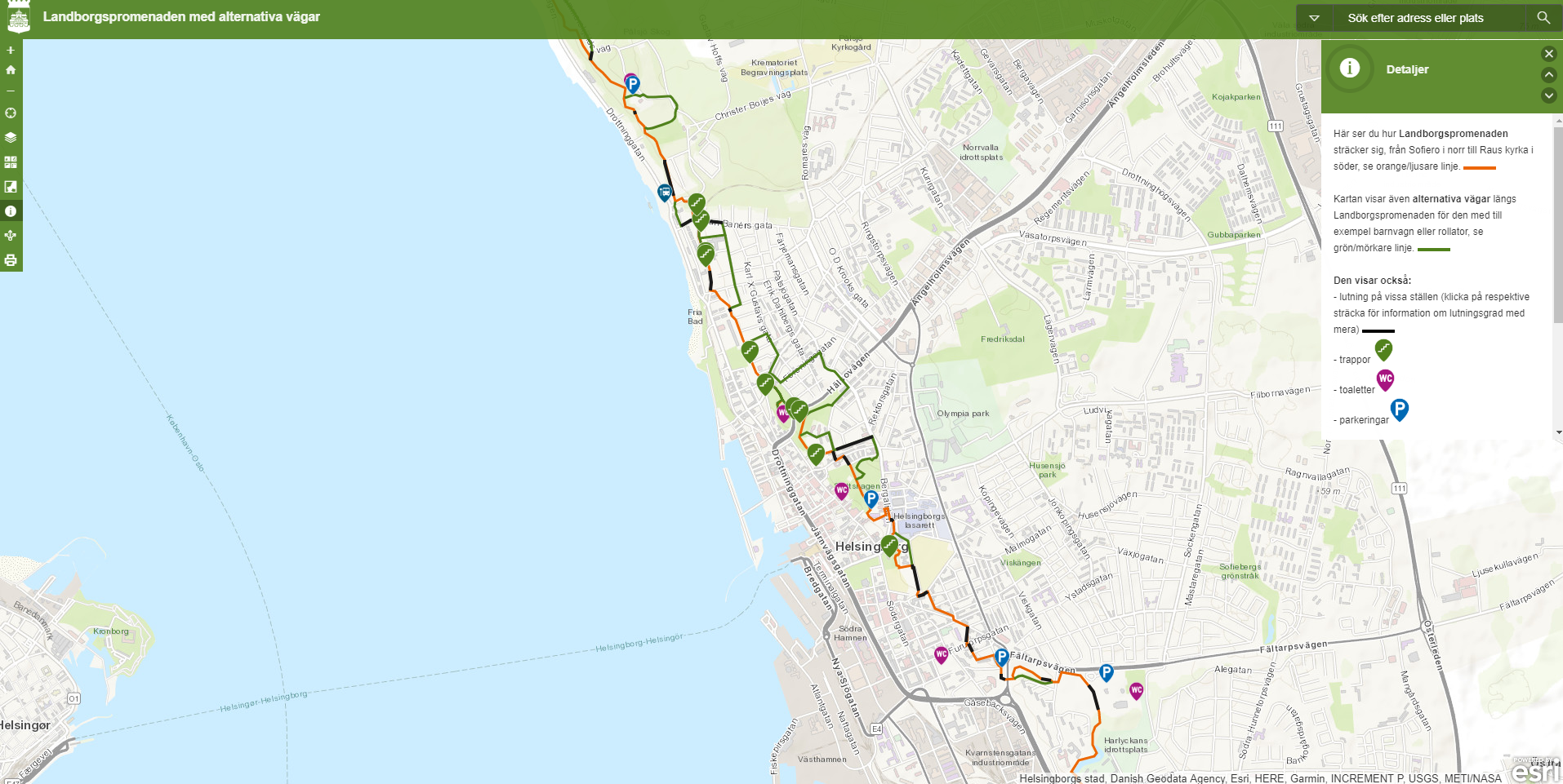 Skärmklipp av karta över Landborgspromenaden, med information om alternativa vägar, branta sträckor, trappor med mera