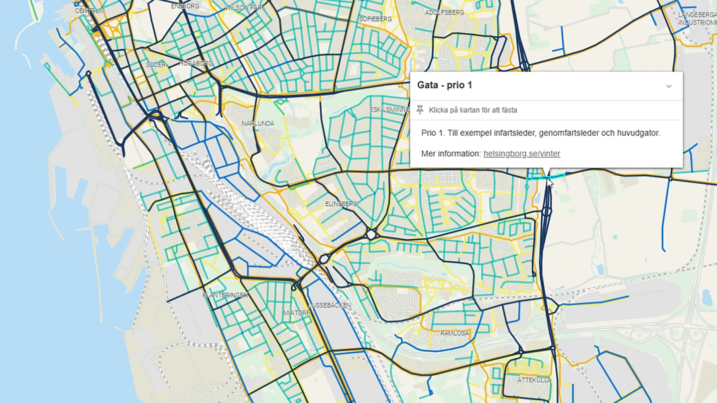 Del av karta som visar prioriteringar för vinterväghållning på gator och gång- och cykelbanor i Helsingborg.