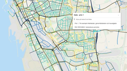 Del av karta som visar prioriteringar för vinterväghållning på gator och gång- och cykelbanor i Helsingborg.