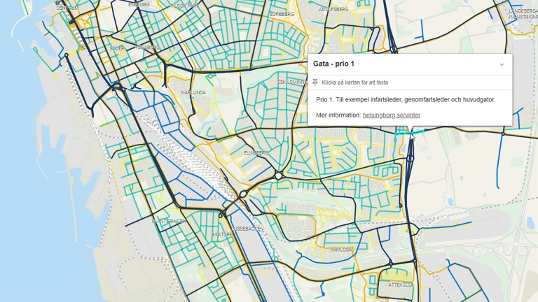 Del av karta som visar prioriteringar för vinterväghållning på gator och gång- och cykelbanor i Helsingborg.