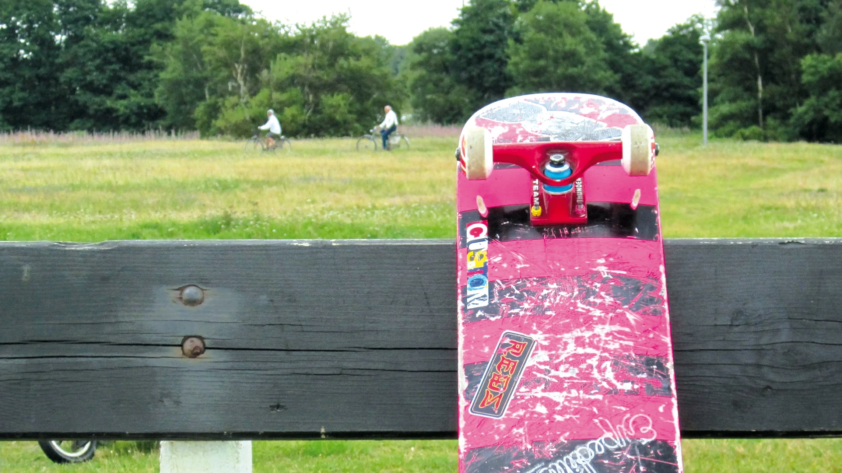 Skateboard vid bänk i grönområde i Helsingborg. Foto.