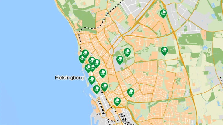 Del av karta över parker och grönområden i Helsingborg