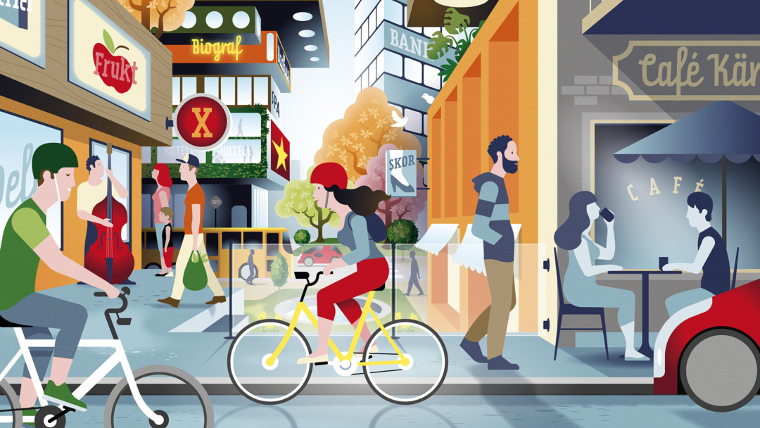 Stadsplan 2017, illustration med cyklister, folkliv och byggnader (illustration: Tobias Green)