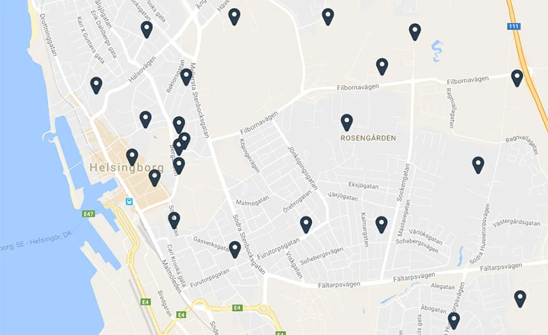 Karta över skolor till jämförelsetjänsten.