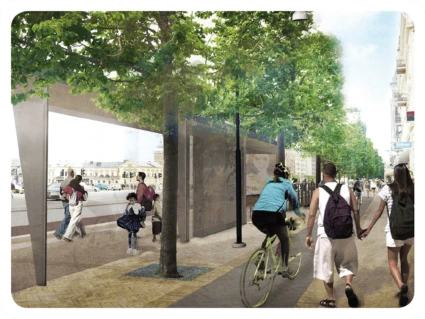 Visionsbild hållplats och cykelbana vid Knutpunkten, utveckling Drottninggatan / Järnvägsgatan