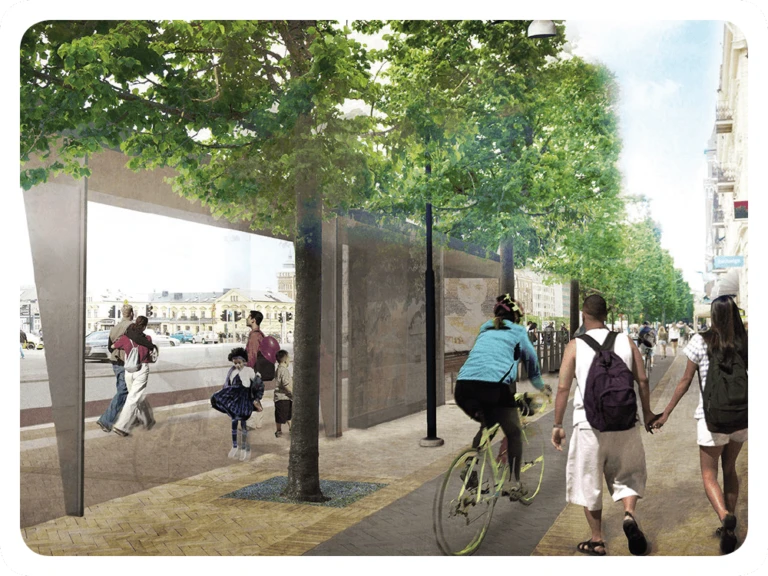 Visionsbild hållplats och cykelbana vid Knutpunkten, utveckling Drottninggatan / Järnvägsgatan