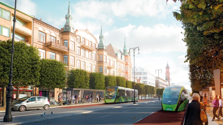 Visionsbild hållplats vid Sundstorget, utveckling Drottninggatan / Järnvägsgatan (illustration: Sweco Architects)