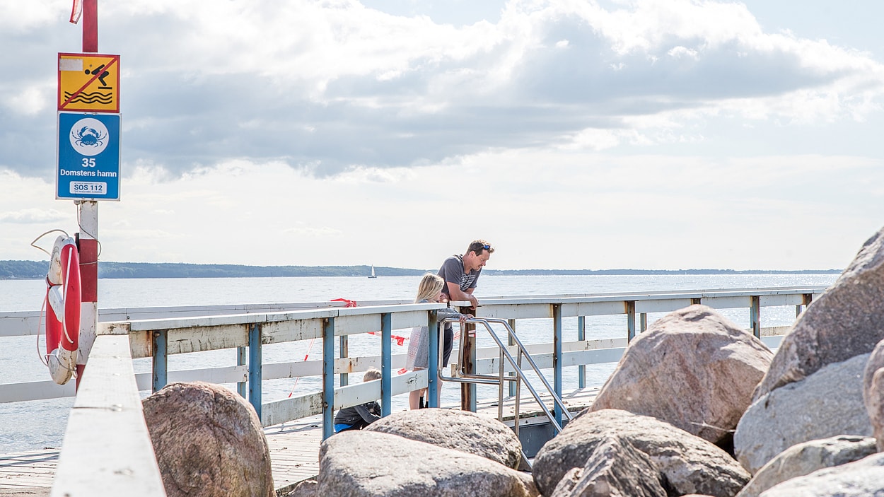 Man och barn på bryggan vid badplatsen Domstens hamn i Helsingborg