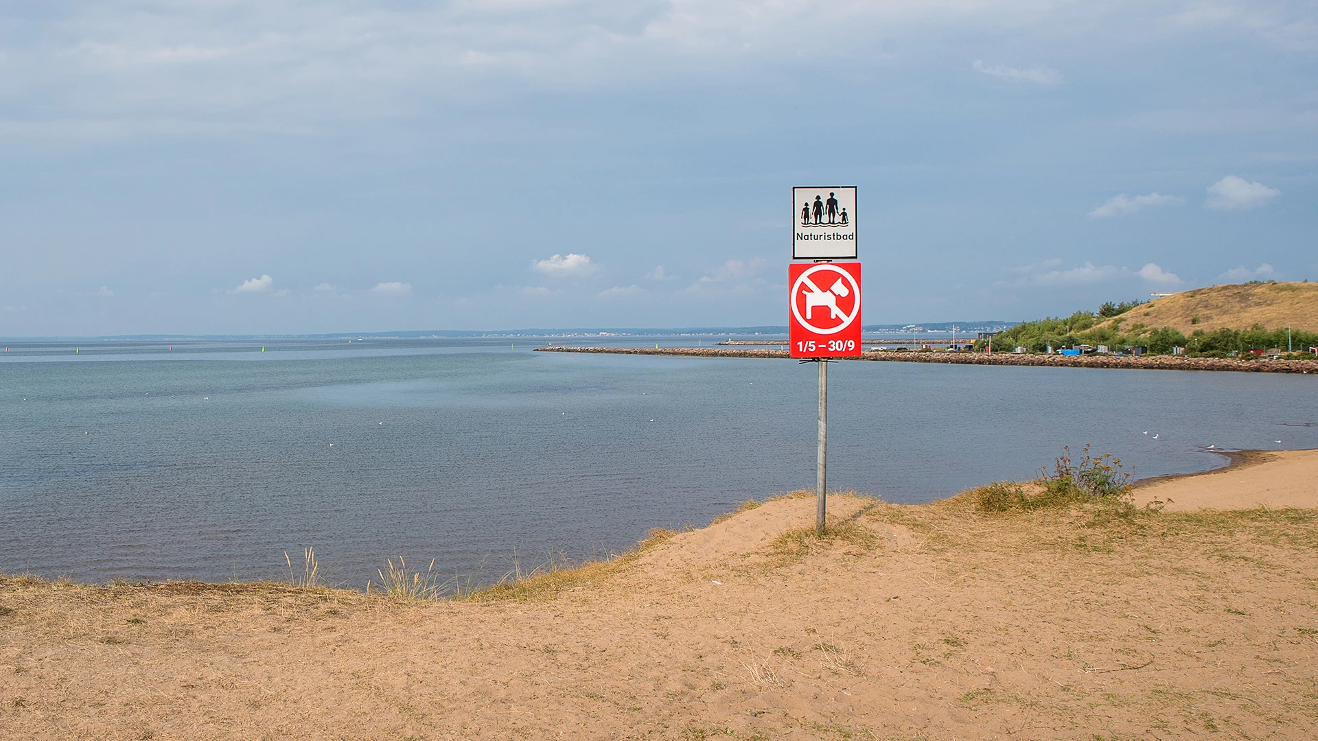 Två skyltar, hundar förbjudet och naturistbad, på Knähakens badplats