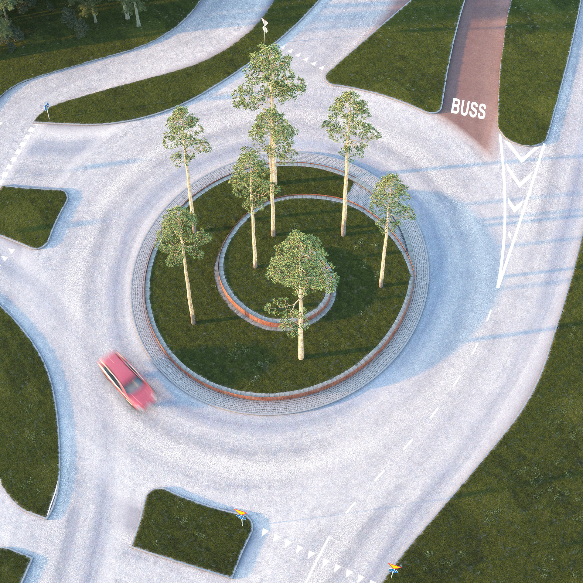 Större bild som visar den nya cirkulationsplatsen på Strandbadsvägen