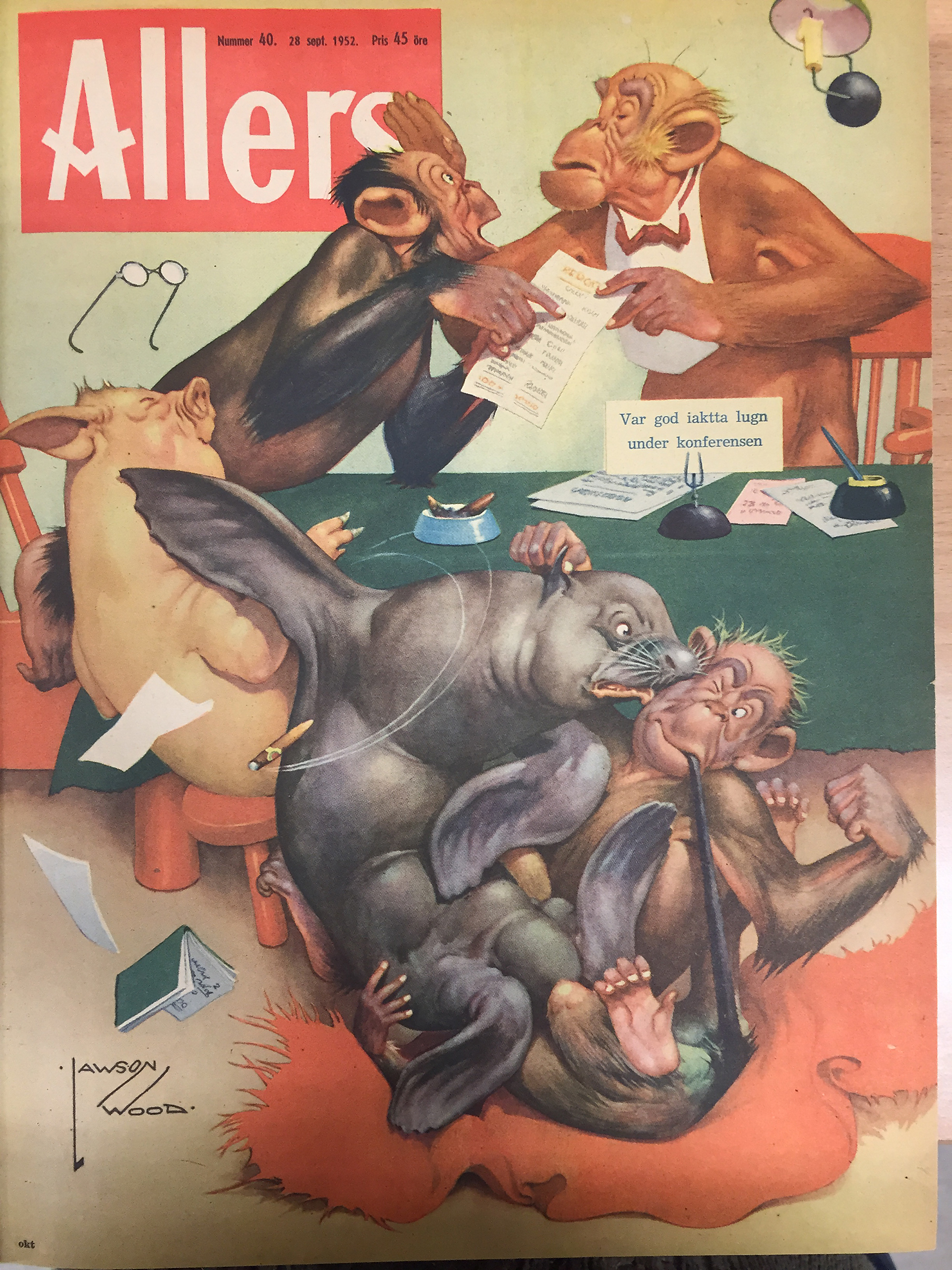 Affisch från Allers, föreställer två apor och en gris som har konferens.