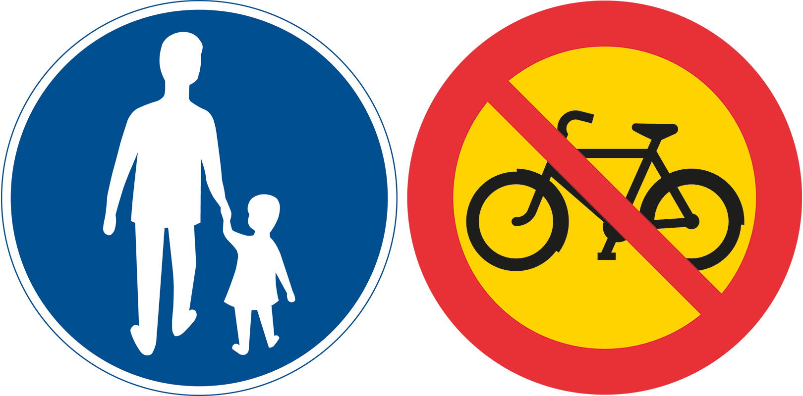 Vägmärken: Påbjuden gångbana och Förbud mot cykel och moped, klass 2