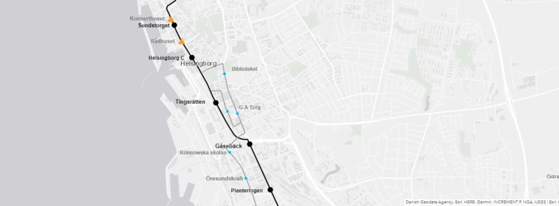 HEX 1 karta sträckning hållplatser centrum