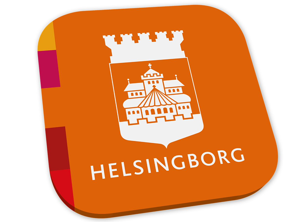 Ikonen för appen Ett bättre Helsingborg. En brandgul knapp med Helsingborgs stads stadsvapen i vitt.