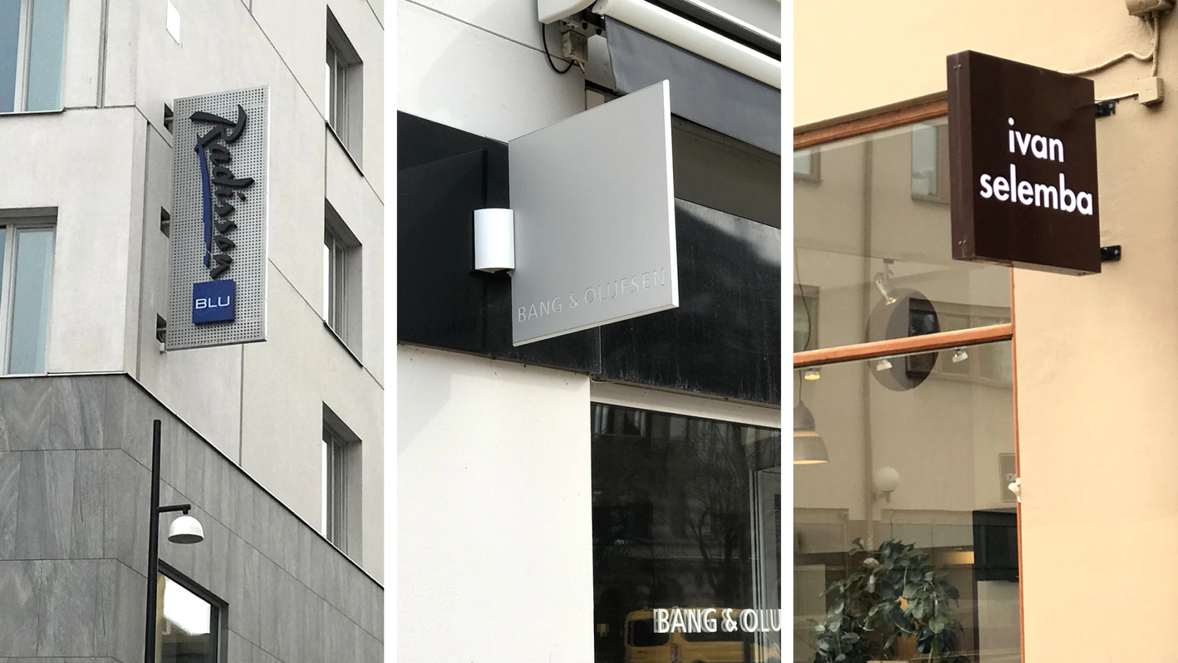Tre flaggskyltar på fasad: Radisson Blue, Bang & Olufsen samt Ivar Selemba