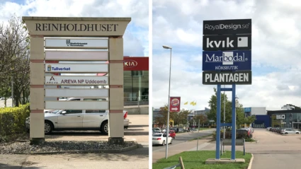Så här kan en fristående verksamhetsskylt se ut.