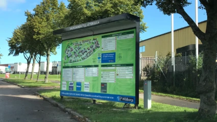 Exempel på orienteringstavla i verksamhetsområde.