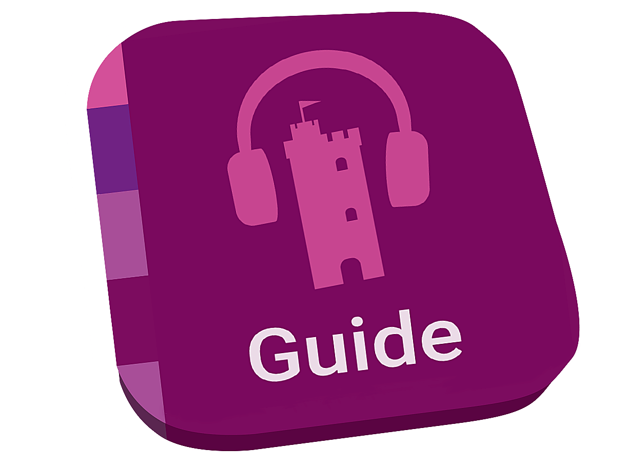 Ikonen för appen Guide Helsingborg. Innehåller illustration av Kärnan med ett par stora hörlurar.