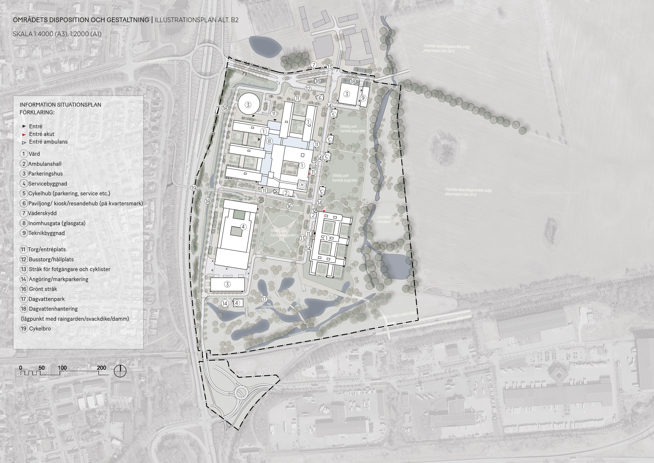 En illustrationsplan som visar var det nya sjukhuset i Helsingborg är tänkt att ligga och hur det kan utformas.