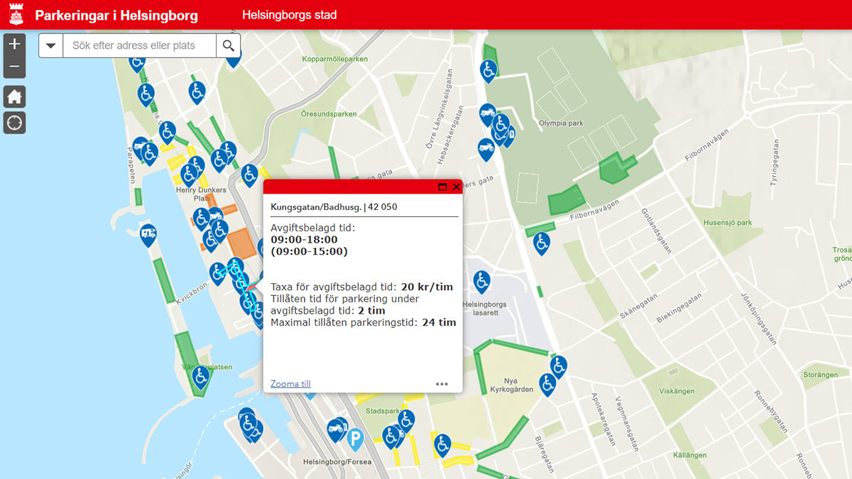 Skärmklipp av Helsingborgs digitala parkeringskarta