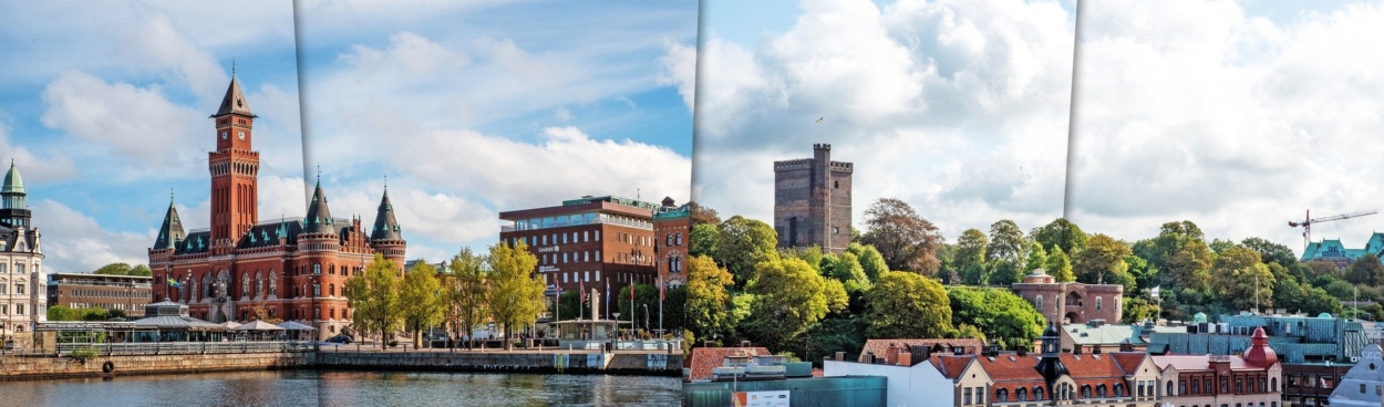Vy över rådhuset och centrala Helsingborg sett från sundet