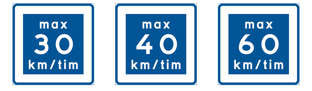 Exempel på anvisningsmärken för rekommenderad lägre hastighet, 30, 40 respektive 60 km/timme