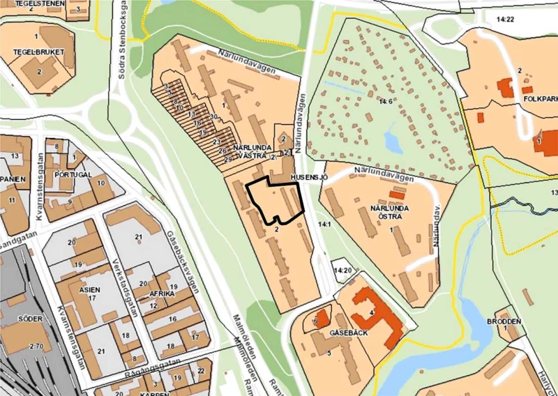 Orienteringskarta med förskolans läge i svart markering, skala 1:8000