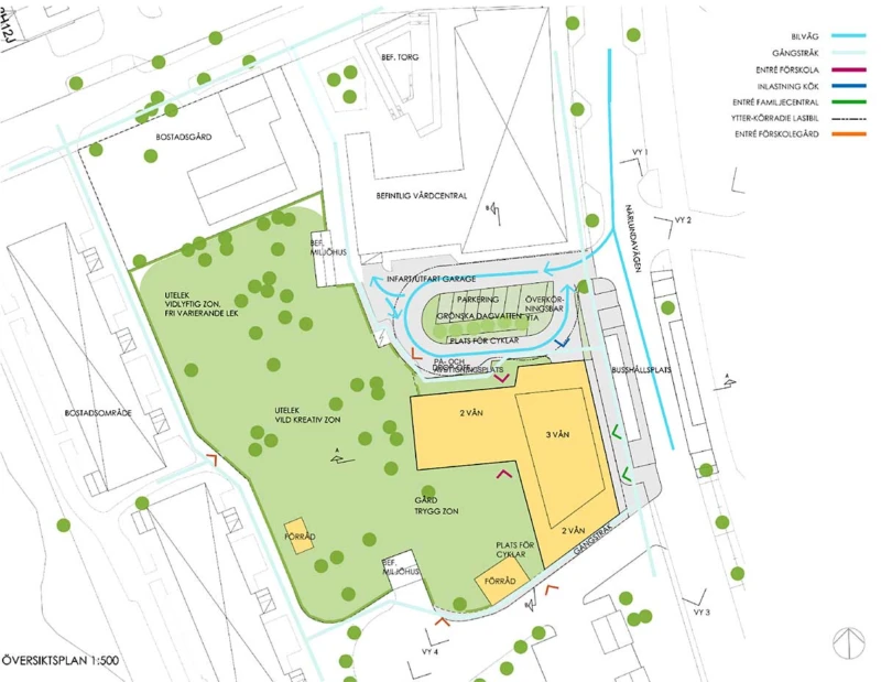 Planritning med förskola och utemiljö, skala 1:500.