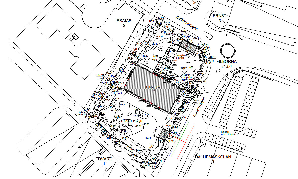 Nybyggnadskarta skala 1:400 – området Esaias 1 med placeringen av nya förskolebyggnaden