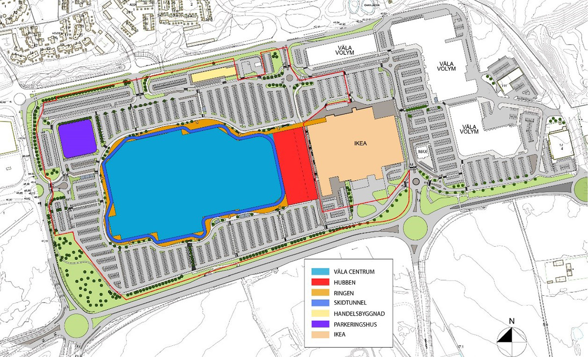Illustration och indelning av planförslagets tillkommande volymer samt befintlig bebyggelse. Planområdet är markerat med ett rött streck. Väla Centrum (ljusblå) omgärdas av Ringen (orange), som är överbyggd av en skidtunnel (mörkblå). Direkt till öster ligger Hubben (röd), på ytan mellan Väla Centrum och Ikea. Utanför planområdet i öster är Ikeas byggnad (beige). Nordväst om Väla Centrum möjliggörs för ett parkeringshus (lila) och i norr redovisas befintlig handelsbyggnad (ljusgul).