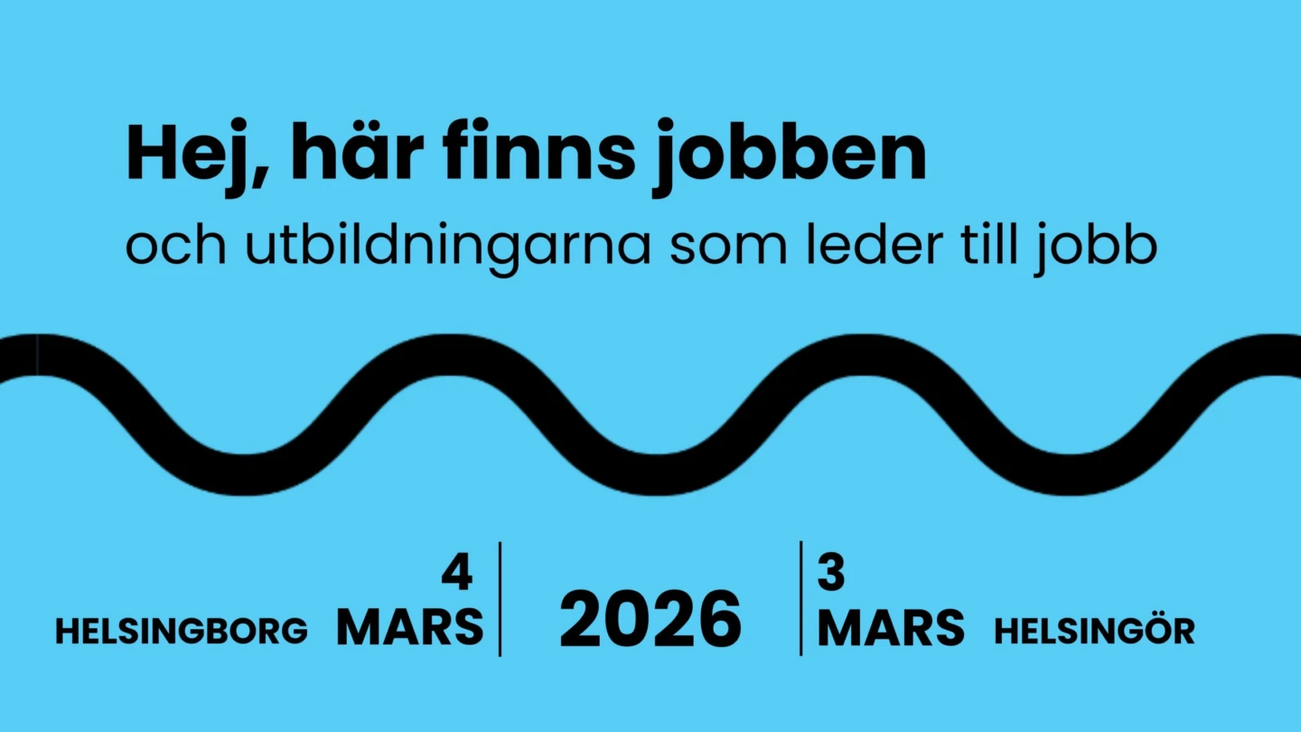Grafisk bild ang mässan Tura till jobbet. En jobb- och utbildningsmässa 2026. 4 mars i Helsingborg, 3 mars i Helsinggör.