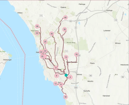 Kartan visar cykelvägar med tidsangivelser till olika målpunkter runt om i Helsingborg med utgångspunkt från Ättekulla/Raus.