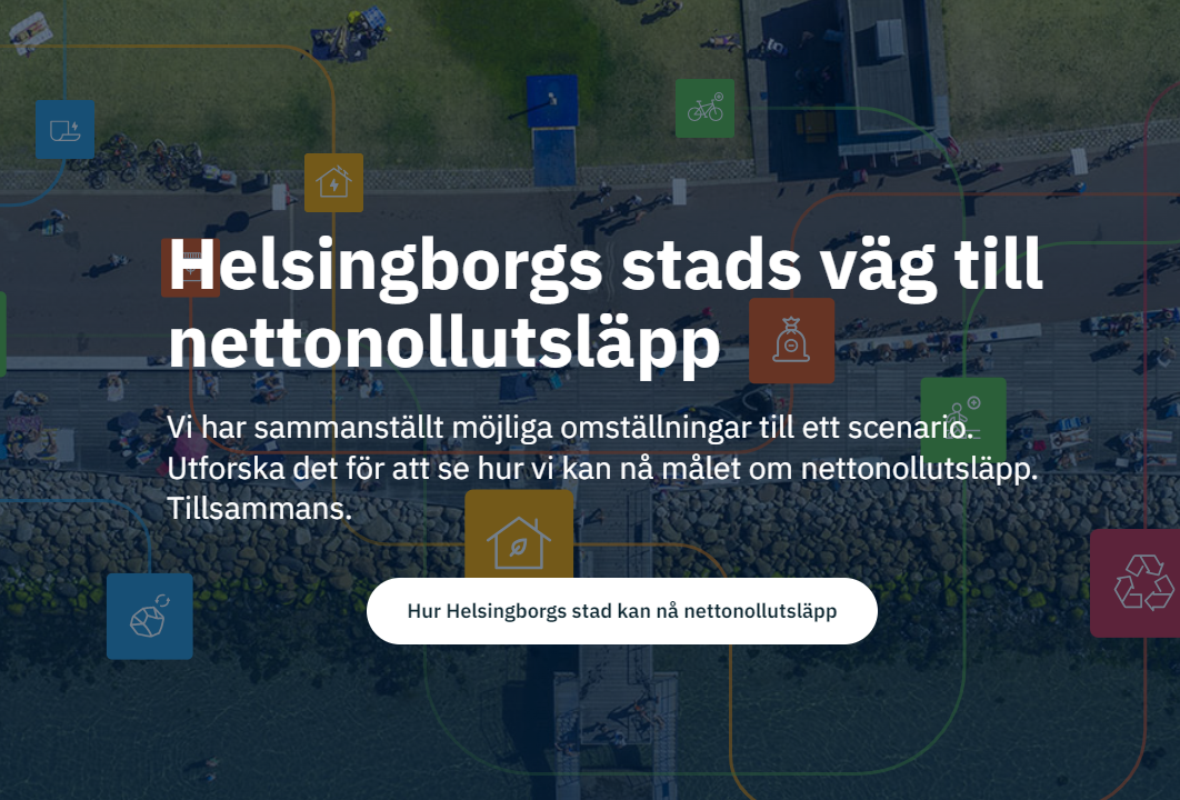 Skärmbild från ClimateViews webbsida med texten "Helsingborgs stads väg till nettonollutsläpp".