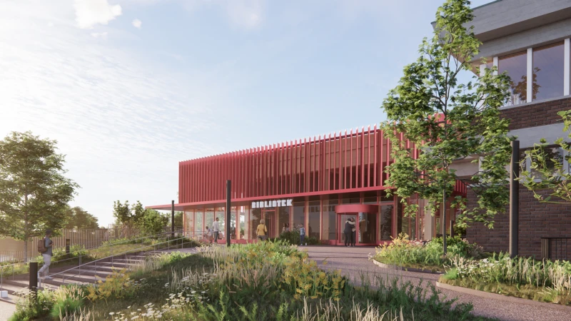 Stadsbibliotekets södra entré från Bollbrogatan