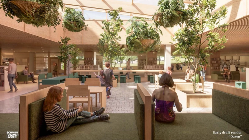 I stadsbibliotekets tillbyggda del finns Oasen, en grön och lugn mötesplats