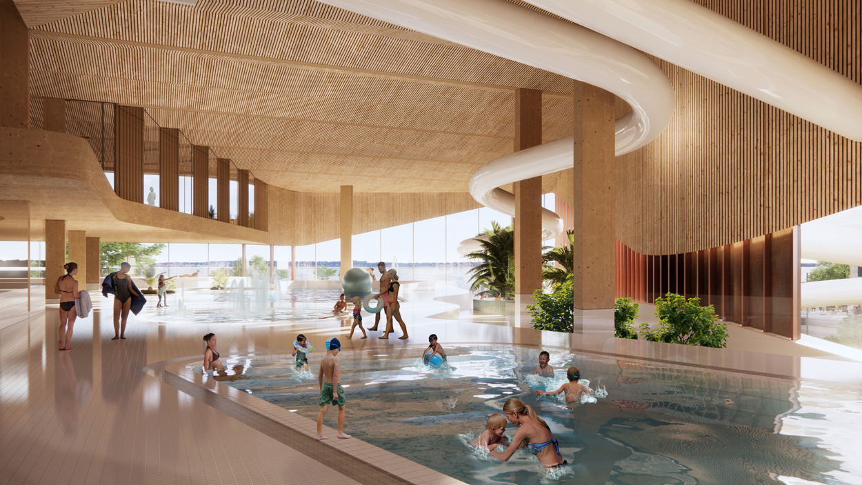 Så här kan familjebadet i det nya badhuset i Oceanhamnen komma att se ut. (Visionsbild: Lund+Slaatto Arkitekter AS)