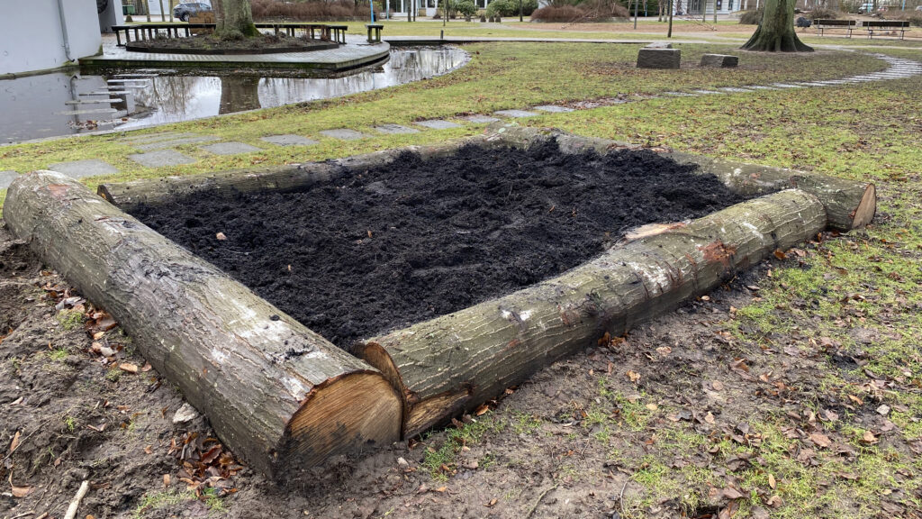En jordyta för odling med stockar runt.