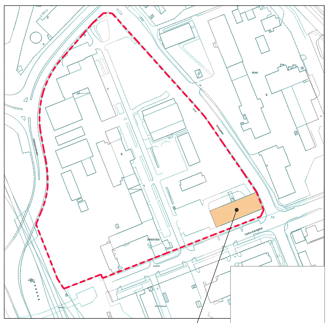 Orienteringsplan, aktuell byggnad Orienten 6, Skala 1:1200. Rönnowska skolans skolrestaurang.