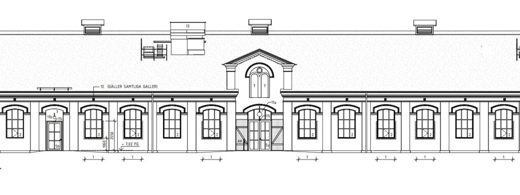 Ritning av fasad för Rönnowska skolans kommande skolrestaurang i 1880-talsbyggnad från dåtidens kavvaleri (Bild: Arkitektlaget)