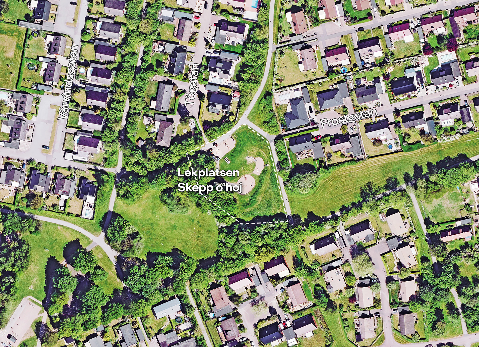 Karta med markerat område för plats i Ödåkra där lekplats ska göras om.