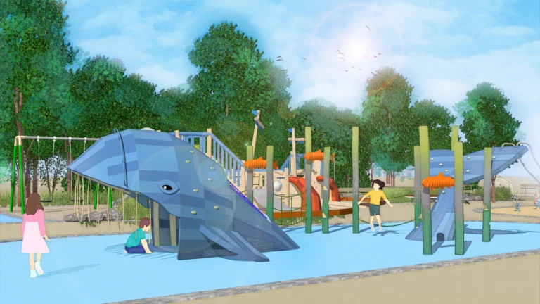 Visionsillustration av ny utflyktslekplats i Rydebäck.