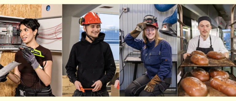 Montage med bilder på unga person i olika yrkessituationer