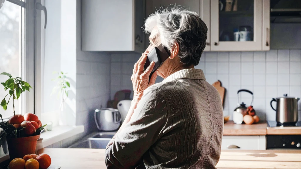 Äldre kvinna tittar ut genom köksfönstret med ryggen mot kameran. Hon pratar i telefon. Bilden är AI-genererad.