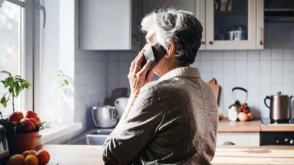 Äldre kvinna tittar ut genom köksfönstret med ryggen mot kameran. Hon pratar i telefon. Bilden är AI-genererad.