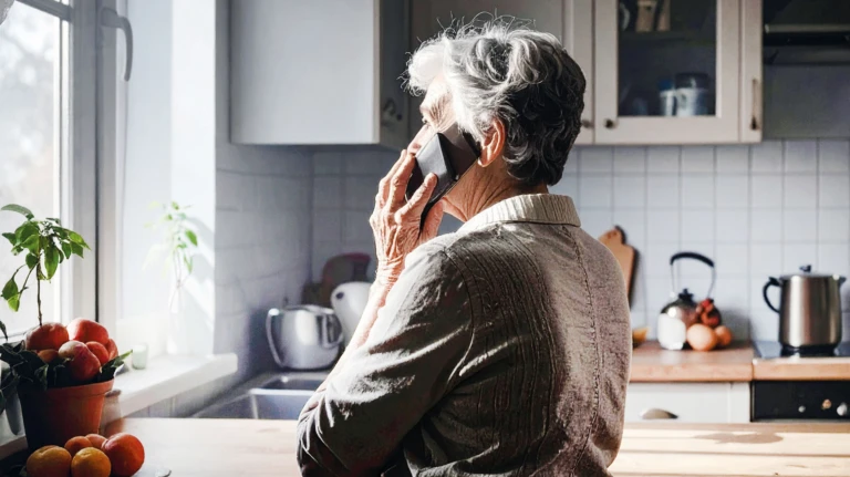 Äldre kvinna tittar ut genom köksfönstret med ryggen mot kameran. Hon pratar i telefon. Bilden är AI-genererad.
