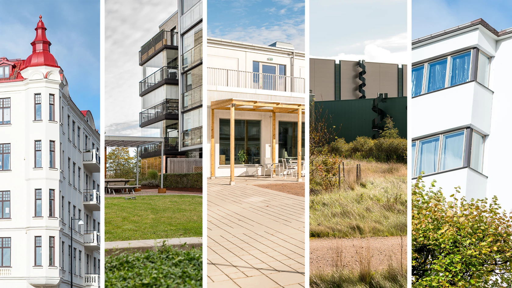 Stadsbyggnadspriset 2026: Fem finalister (collage)