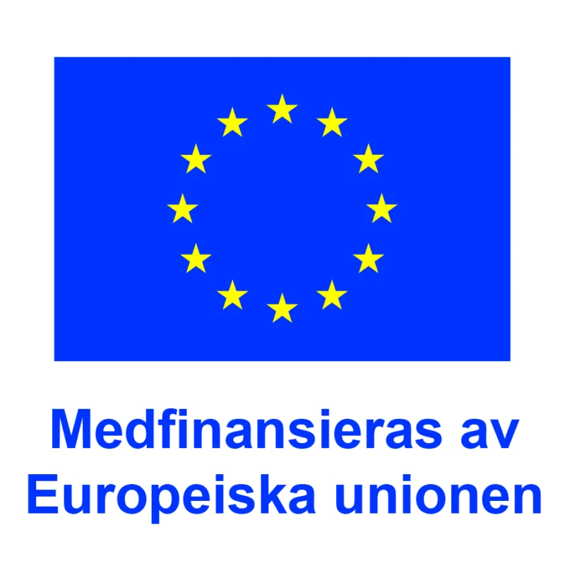 Europeiska unionens flagga med tolv gula stjärnor i en cirkel mot blå bakgrund. Under flaggan står texten "Medfinansieras av Europeiska unionen".