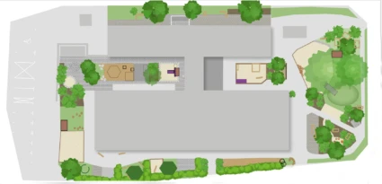 Skiss med planerad utemiljö på Stattena förskola. Bild av: Re:play och Levande lekredskap och kreativa lärmiljöer.